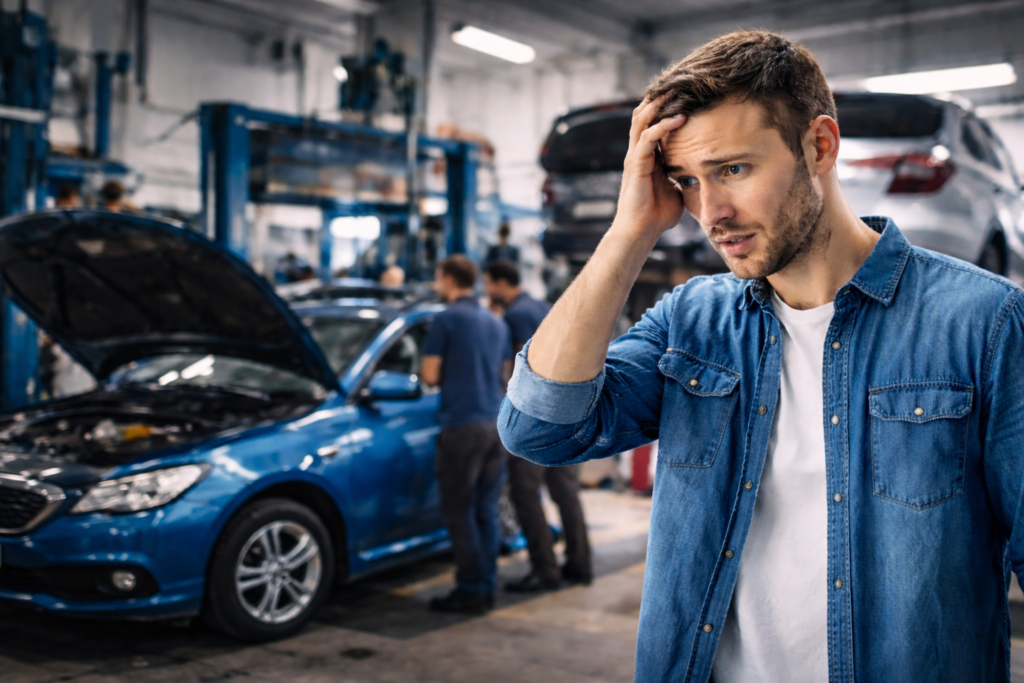 Car in the shop too long while owner waits inside a repair shop in California