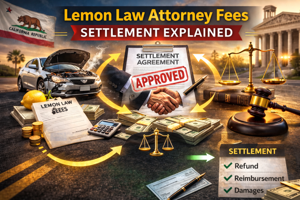 Settlement agreement with approved stamp, damaged vehicle, cash, and legal scales representing Lemon Law attorney fees and settlement