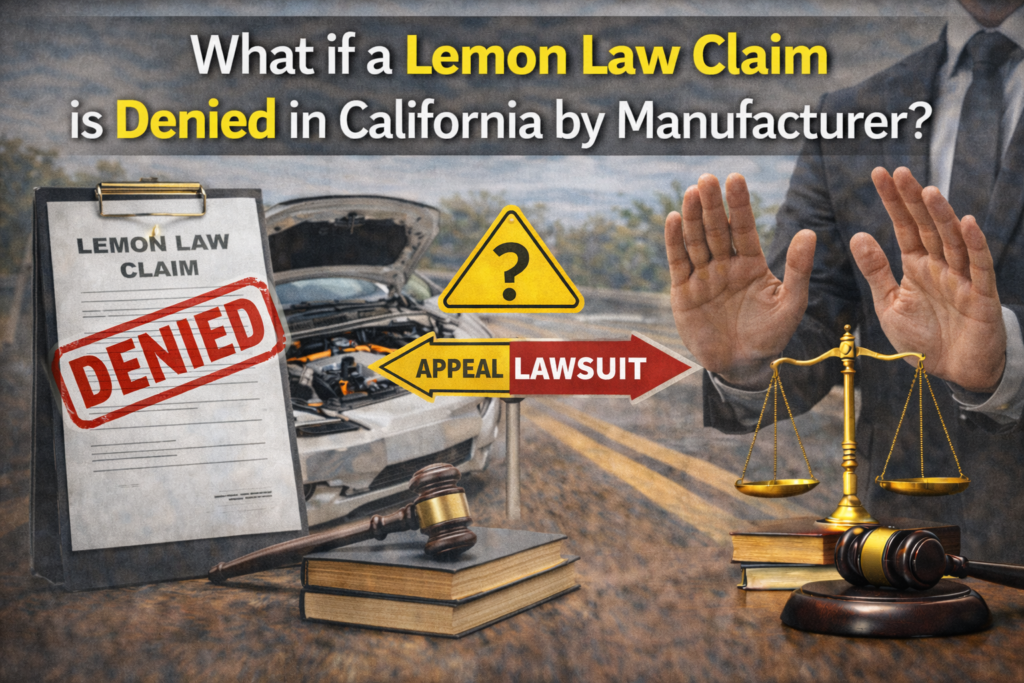 Denied Lemon Law claim document with damaged vehicle and legal scales representing next steps after manufacturer denial in California