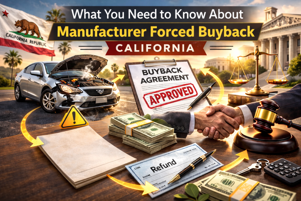 Approved buyback agreement with damaged vehicle, handshake, cash, and legal scales representing manufacturer forced buyback in California