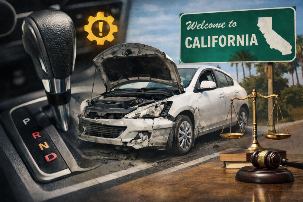 Damaged vehicle with open hood and gear shift warning symbol representing transmission problems under California Lemon Law