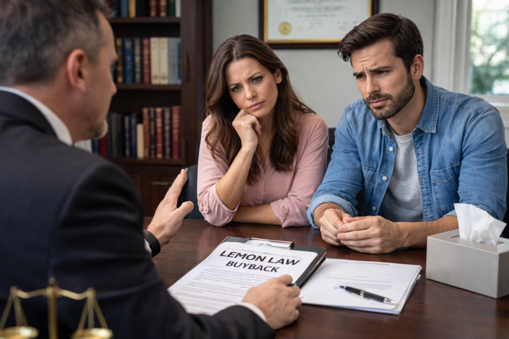 Couple consulting with best lemon law lawyer buyback specialist about vehicle case