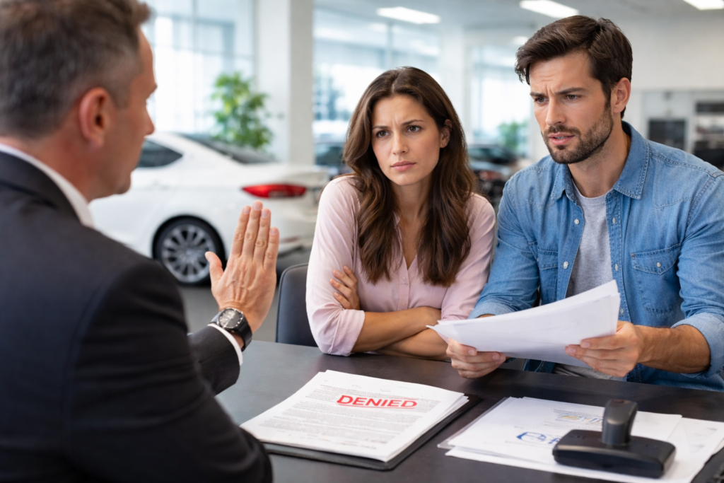 Couple reviewing documents while manufacturer denying lemon law claim at car dealership