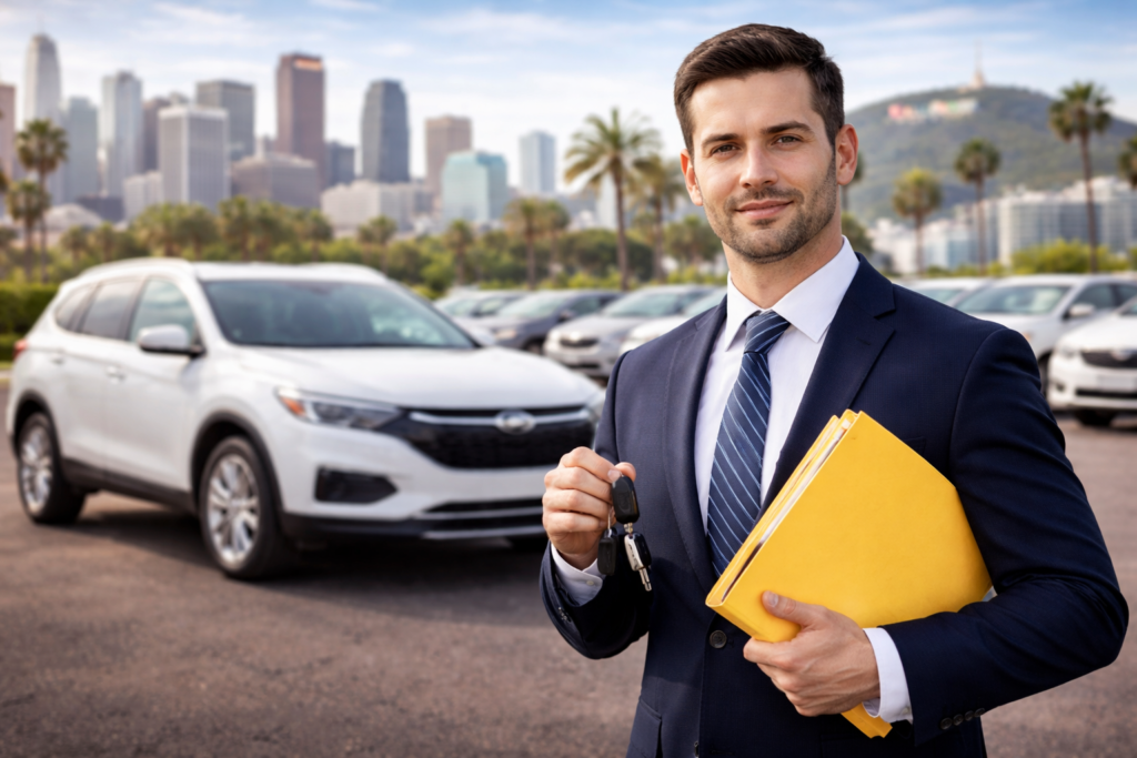 Attorney holding car keys and legal documents at a Los Angeles dealership representing lemon law case