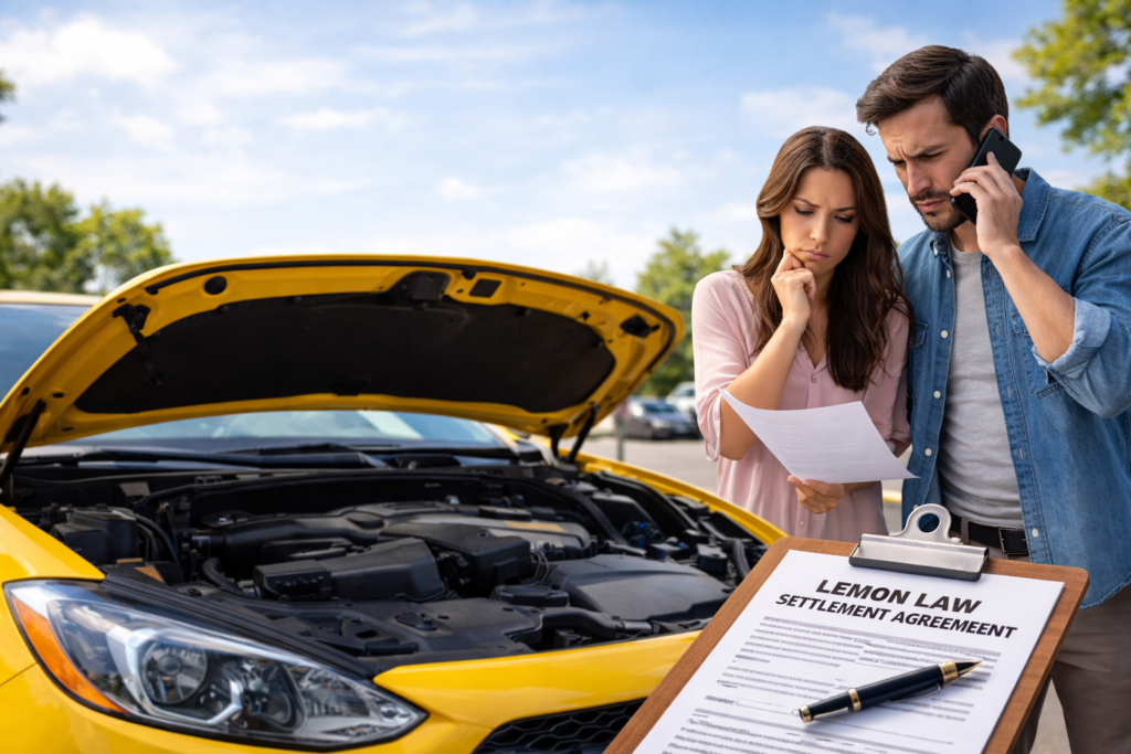 Couple reviewing documents near broken car related to lemon law settlement amount California