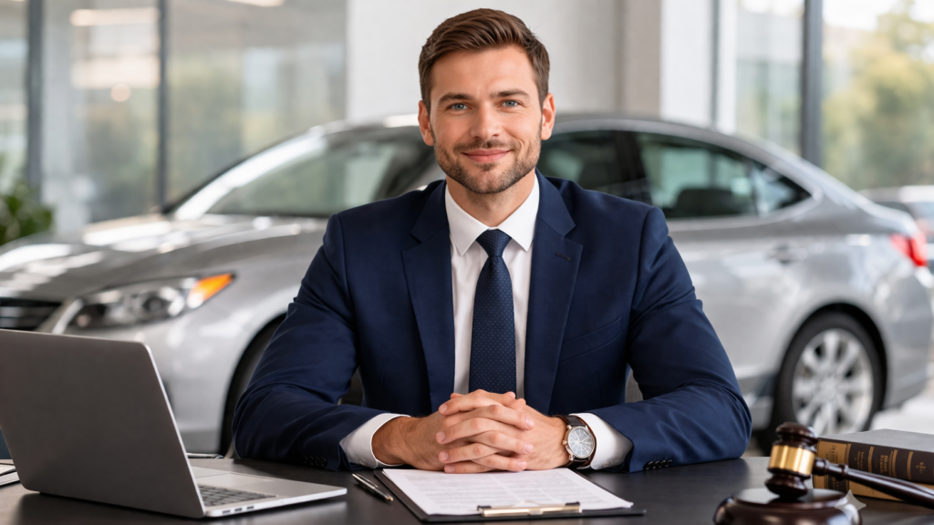 lemon law lawyer fees explained by attorney reviewing documents in office with car in background