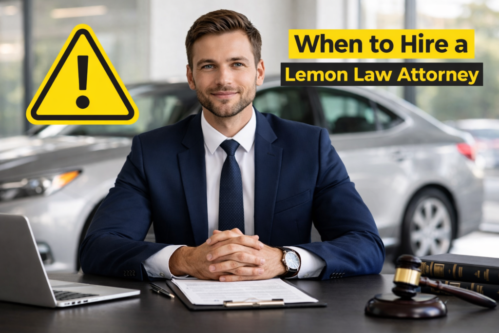 when to hire lemon law attorney explained by lawyer reviewing documents in office with car in background